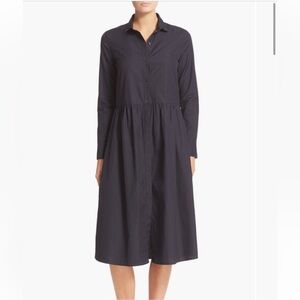 Vince Black 100% Shirred Cotton Long Sleeve Button Down Dress